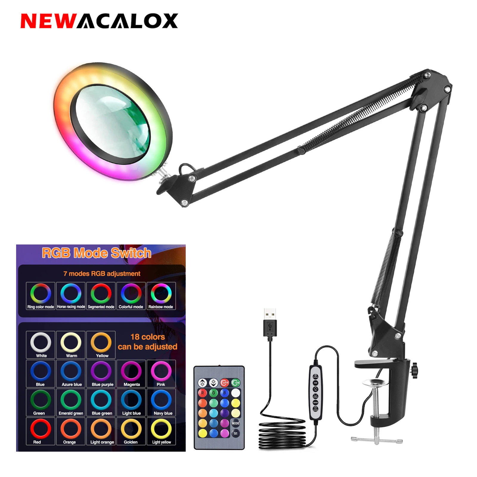 NEWACALOX Gấp USB 5X Kính Phóng Đại 3 Màu Đèn LED Chiếu Sáng Kính Lúp Kẹp Bàn Đọc Sách Hàn Kính Lúp Thứ Ba Dụng Cụ Cầm Tay
