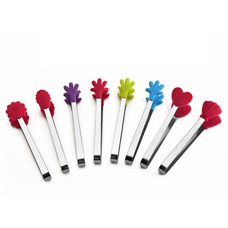 1Pcs Creative Flower Silicone Food Tongs Ice Candy Kitchen Stainless Steel Non-Slip Mini Tongs Flower Shape Food Serving Utensil