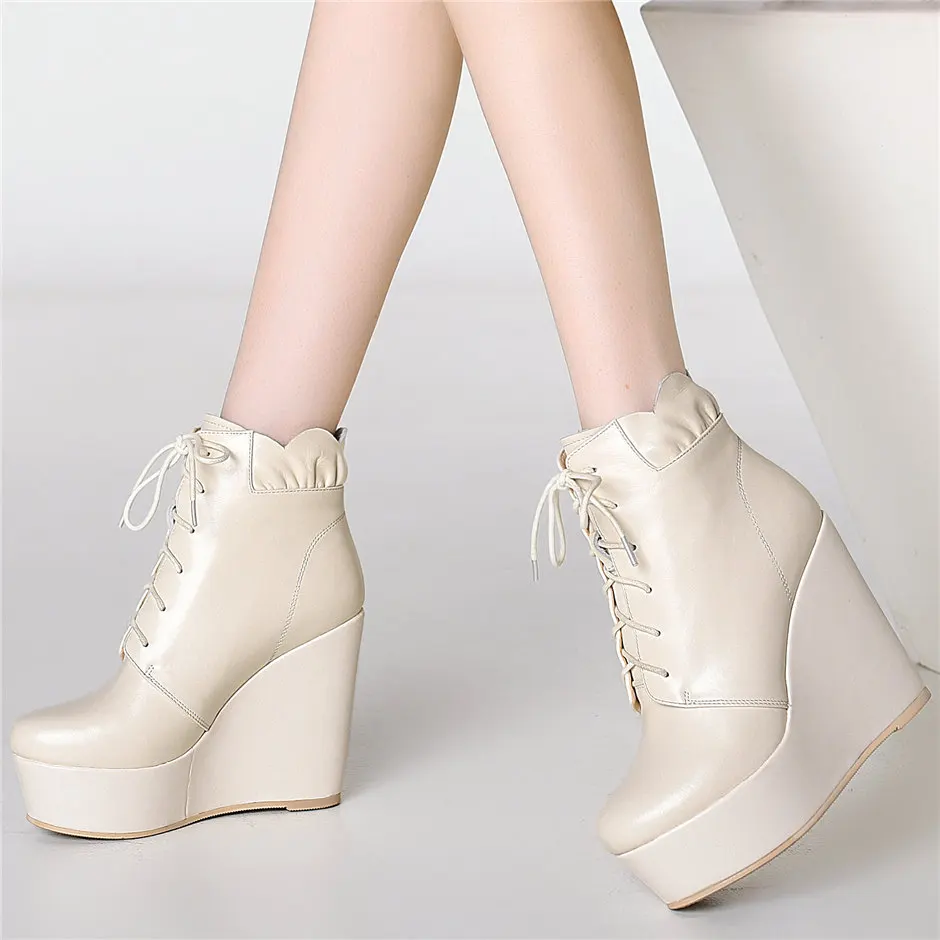 Lace Up Winter Oxfords Women Genuine Leather Wedges High Heel Ankle Boots Female High Top Round Toe Chunky Platform Pumps Shoes