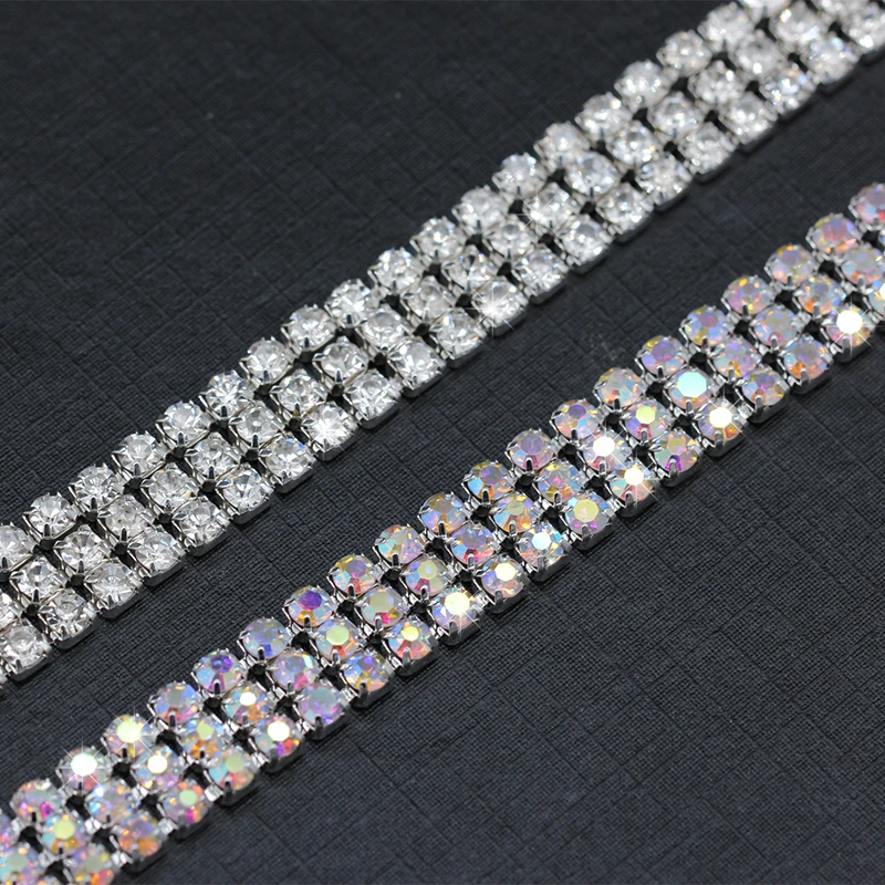 SS6-SS16 Triple 3Rows 1yards Rhinestone AB/clear crystal  Gold/Silver claw close Chain Apparel Sewing diy Beauty Accessories