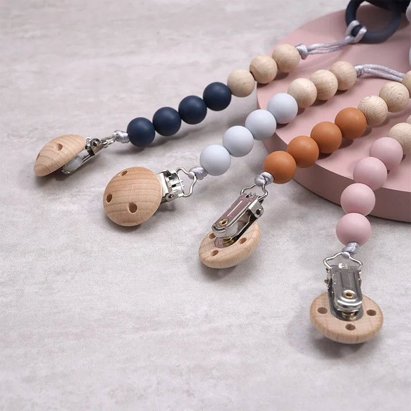 Newborn Fashion Pacifier Feeding Comfort Clip Custom Personalized Baby Wooden Silicone Metal Clip Pacifier Chain