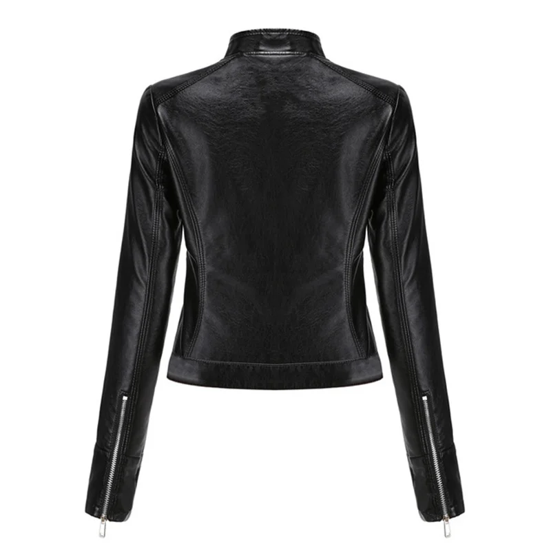 Chaquetas de cuero de motocicleta para mujer, ropa de abrigo lisa con cuello alto y cremallera ajustada para motorista, primavera y otoño