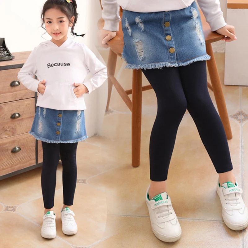 Spring Autumn Girls Leggings Denim Pants Skirts Big Children Thin Pants Girl Patchwork Long Trousers 6-14 Years Kids Clothes