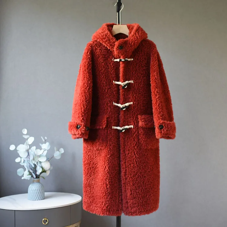 

2023 Women Winter New Solid Long Hooded Jackets Female Granular Real Lamb Fur Coats Ladies Casual Sheep Shearling Outwear A44