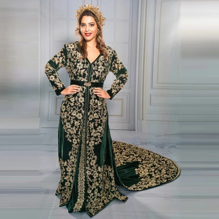 Green Moroccan Kaftan Caftan Muslim Evening Dresses A-line Long Sleeves Appliques Dubai Arabic Abaya Islamic Gown Customized