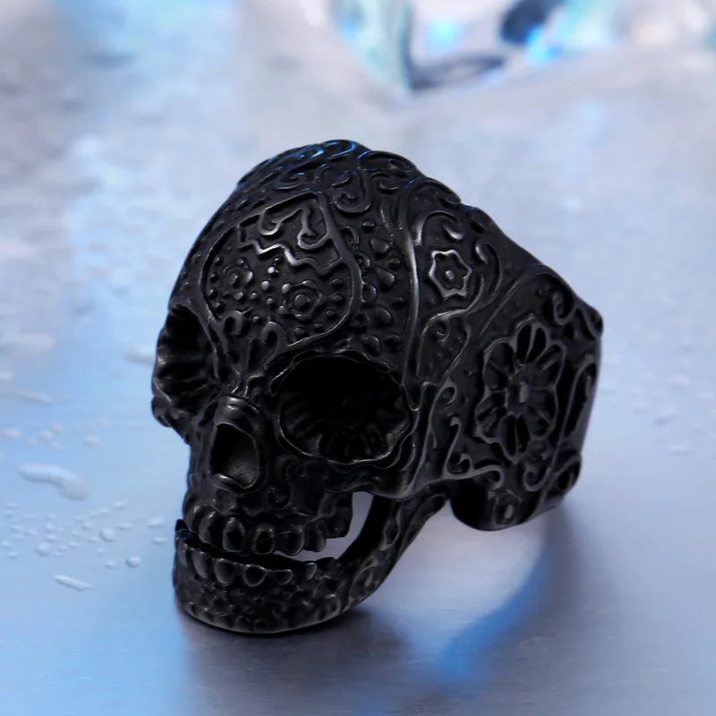 Steel soldier New Vintage Garden Flower Skull ring Black TITANIUM Mens Rings Fashion Jewelry Wholesale Price