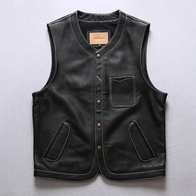 

Vintage Japanese Casual Real Cowhide Leather Vest Mens Genuine Leather Motorcycle Biker Black Waistcoat Vest