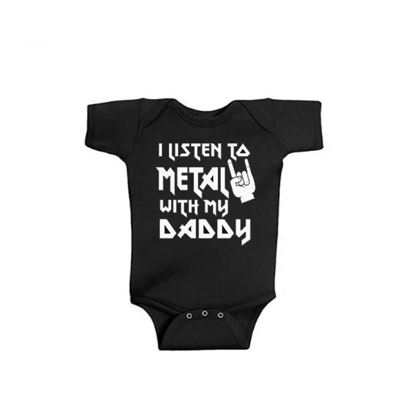 I Listen to Metal with My Daddy and Mommy Funny Newborn Baby Bodysuit Short Sleeve Body Baby Boy Girl Onesie Romper Clothes