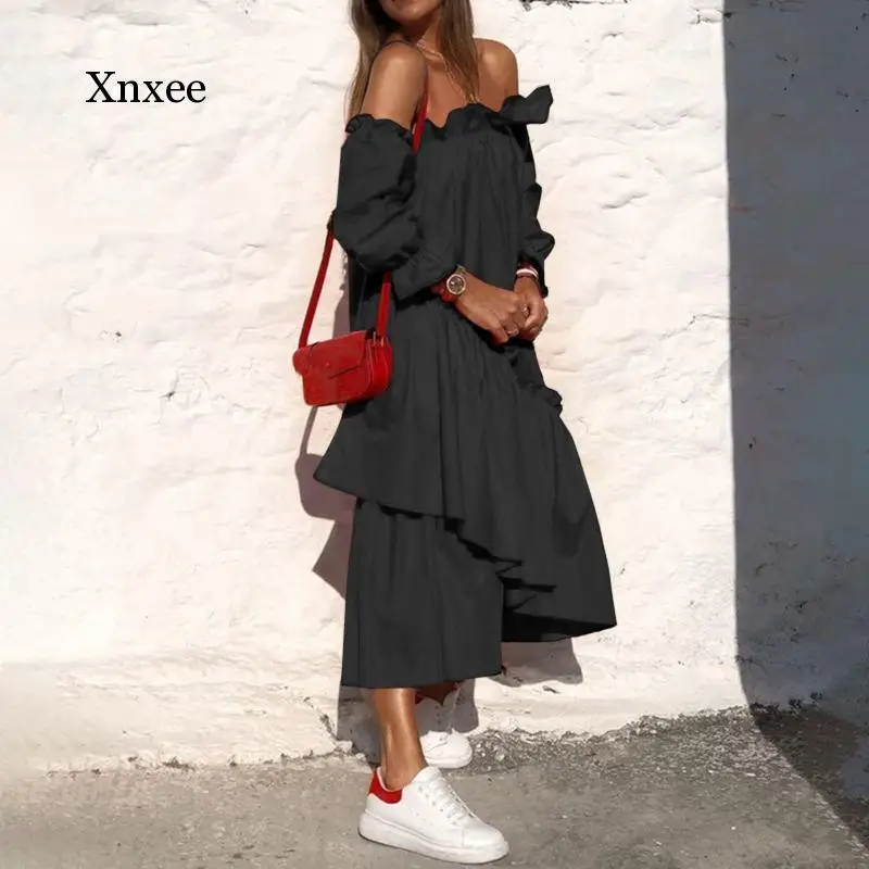 

Sexy Off Shoulder Lace Pleated Summer Dress Women Long Sleeve Irregular Hem Dress Vonda 2020 Bohemian Robe Midi Length