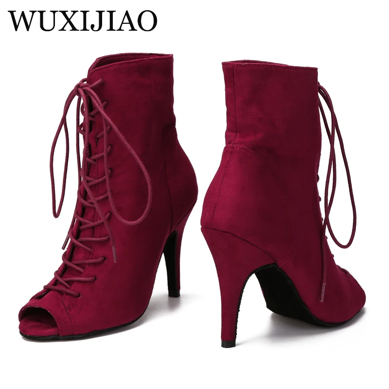 Wuxi jiao popular das mulheres quentes vermelho camurça latina dança salsa botas sapatos de treinamento palco desempenho festa sola macia