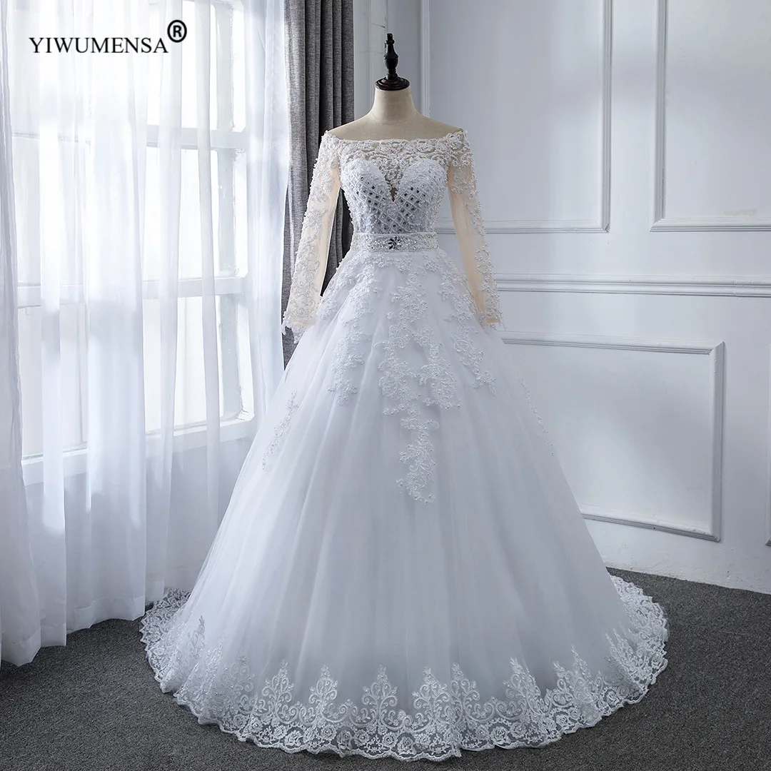 Luxury 2 IN 1 A Line Wedding Dress With Detachable Train White Boat Neck Full Sleeves Vestidos De Novias Bridal Marriage Gowns