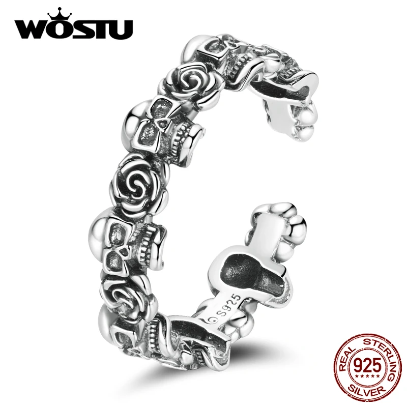 WOSTU Adjustable Authentic Dark style Rose Skull Bones Open Size Rings For Women Female Original Jewelry CTR218