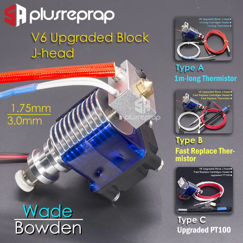

V6 J-head 12 В 24 в полностью металлический Hotend Уэйд или Боуден, экструдер, нагреватель, Термистор, вентиляторная форсунка, радиатор для 1,75/3 мм детали 3D-принтера