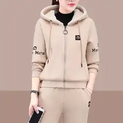 Winter Thickened Lambswool Tracksuit Women Hooded Zip Up Sweatshirt Plus Velvet Pant Suit Casual Two Piece Set chandals mujer