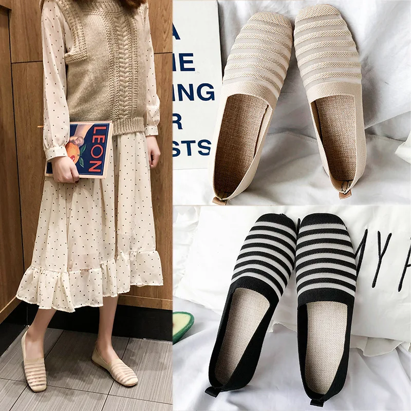 

Spring Summer Ballet Flats Women Casual Knit Fabric Stretchy Square Toe Flat Heel Boat Shoesty76