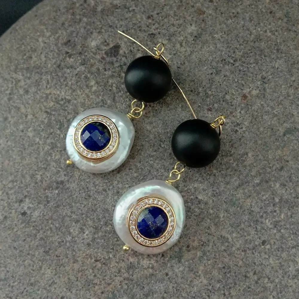 YYGEM  Natural White Coin freshwater Pearl Matte Onyx Round Cubic Zirconia Pave Lapis wrap Hook Earrings