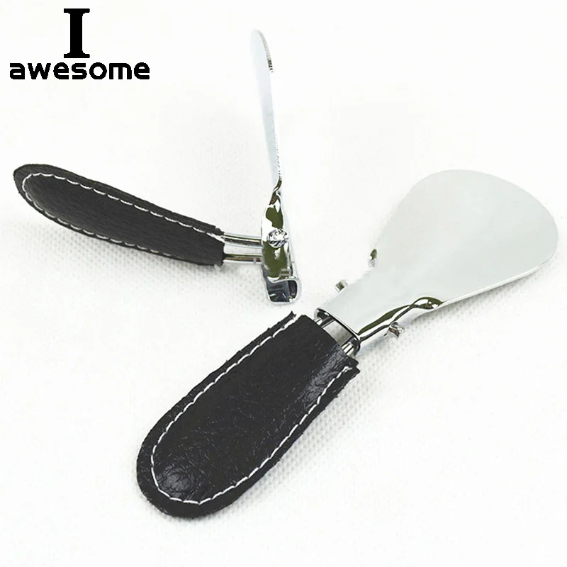 Easy Carry Black Folding Shoehorn Metal Durable With Stainless Steel Faux Leather Portable Fashion Mini Shoe Horns Accessories