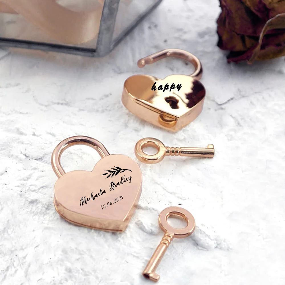 Metal Heart Engraved Shaped Padlock Rose Gold Heart-Shaped Love Lock With Key Valentine\'s Day Gift Bridge Couples Gifts Locks