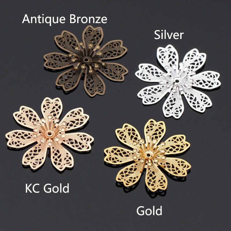 10pcs 28mm Metal Flower Beads Cap Silver Gold Color Filigree Flower Base Bead Cap Charms for Jewelry Making Craft Components DIY