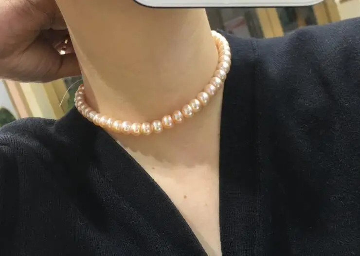 10mm pink half round real Pearl choker necklace gold clasp natural Freshwater PEARL Women Jewelry 17'' 43cm 35cm