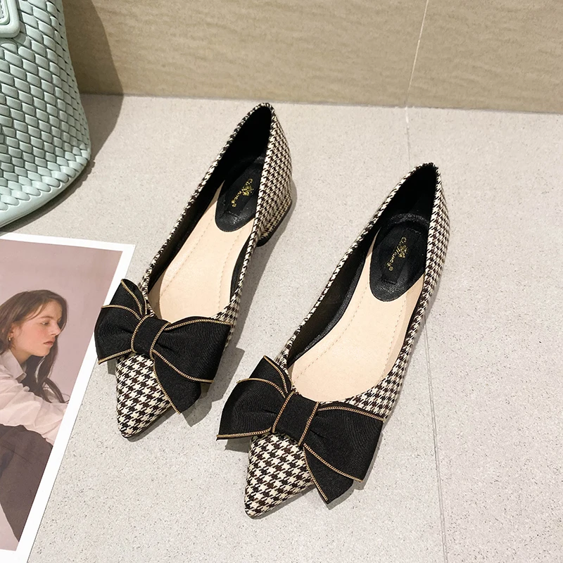 2022 Women Flats with Bow Black Shoes for Ladies Dressy Comfort Nude Shoes Spring Summer Size 31 32 33 44 45 46 Slipons Bowknot