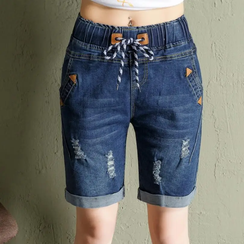 Women Summer Women Denim Shorts Female Five Denim Wide Leg Shorts Elastic Waist Shorts mujer p2494