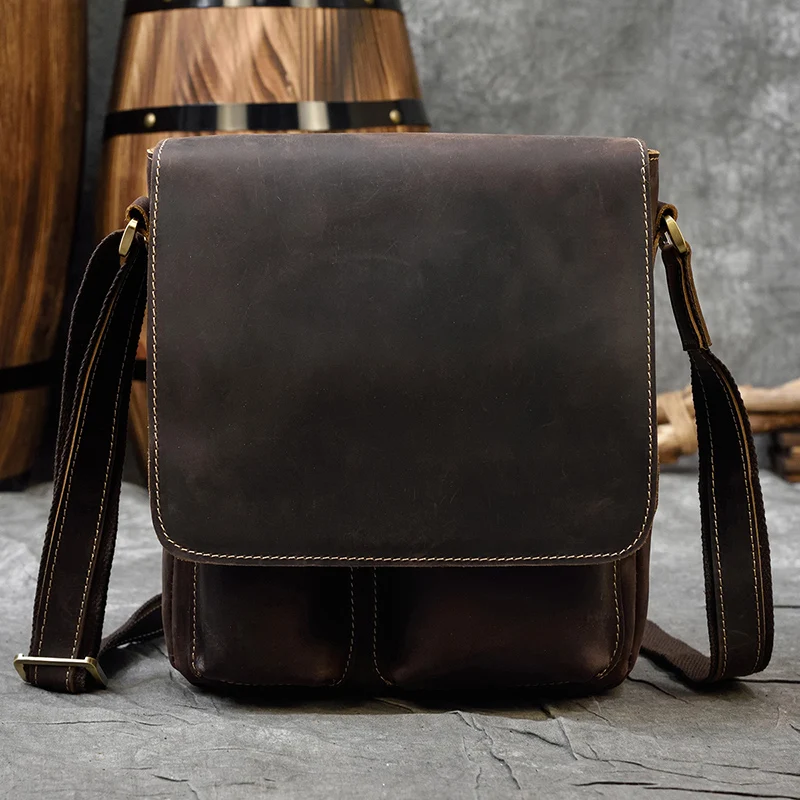 Bolso de hombro de piel auténtica para hombre, bandolera de piel de vaca, Estilo Vintage, a la moda