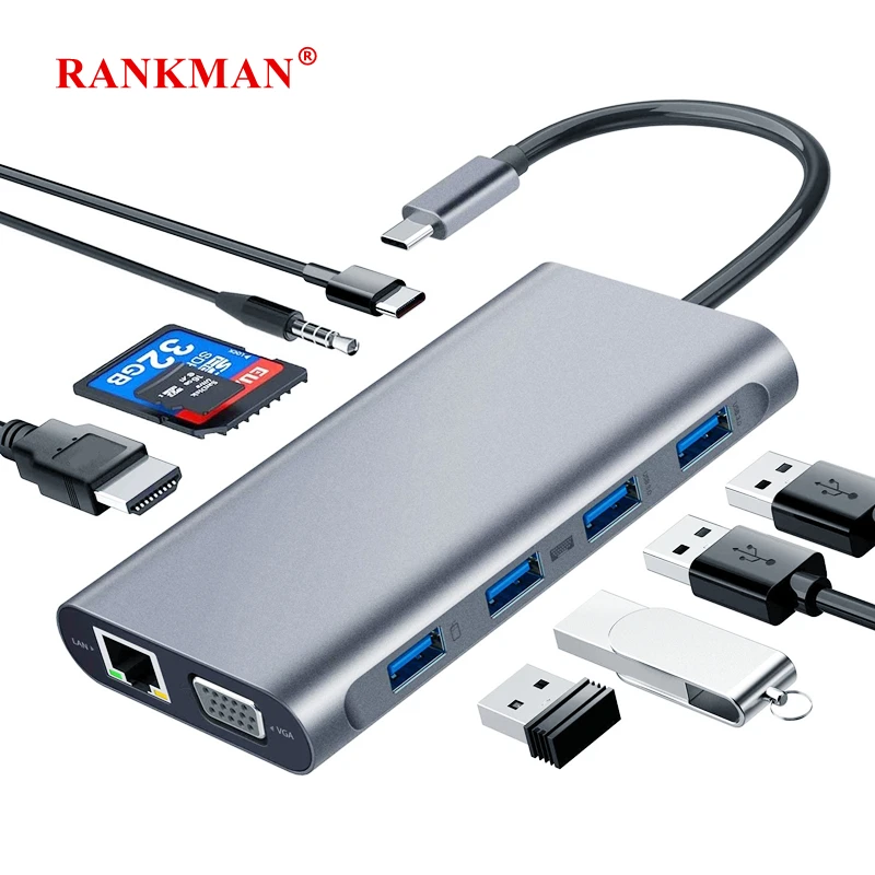 Rankman USB C Hub to RJ45 4K HDMI-Compatible Type C VGA SD TF USB 3.0 PD Dock for MacBook iPad Samsung S21 Dex TV Laptop Mouse