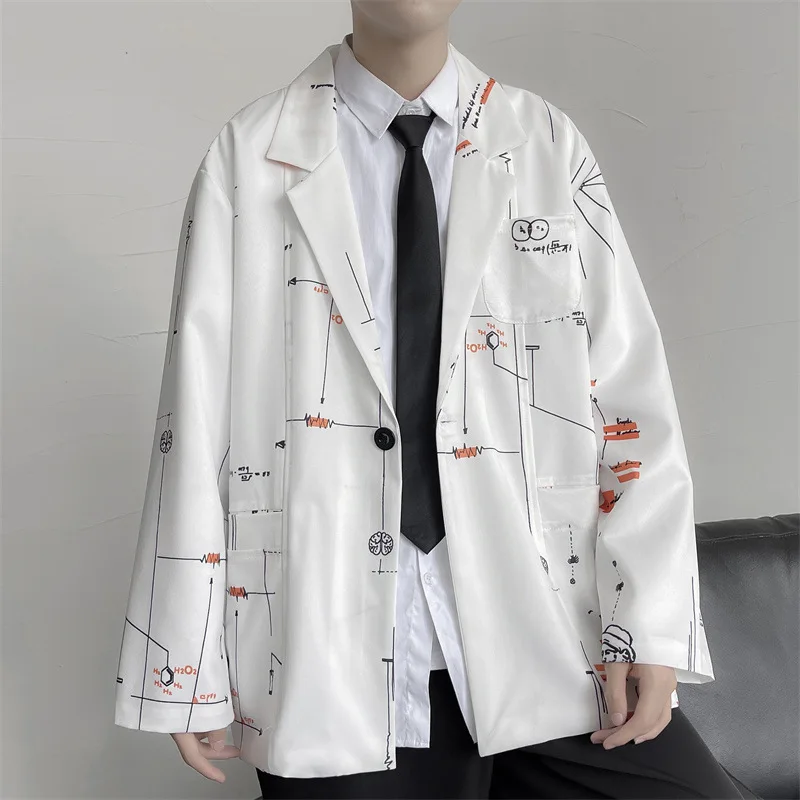 

Повседневный Блейзер, мужской повседневный костюм с принтом, свободный Блейзер на одной пуговице для мужчин, весна-осень, пальто с длинным рукавом, уличная одежда для подростков