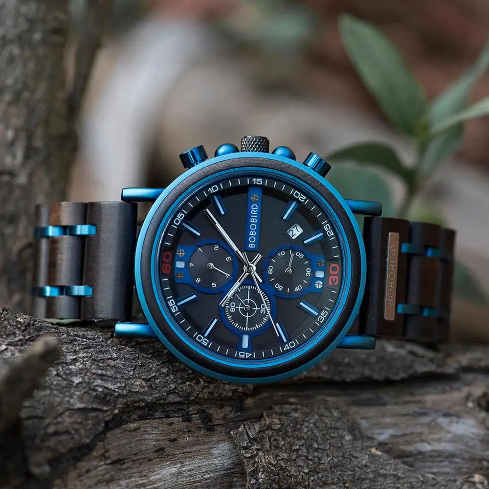 Imagem -02 - Reloj Hombre Bobo Pássaro Novo Relógio de Madeira Homens Top Marca de Luxo Cronógrafo Militar Relógios de Quartzo para o Homem Dropshipping Personalizado