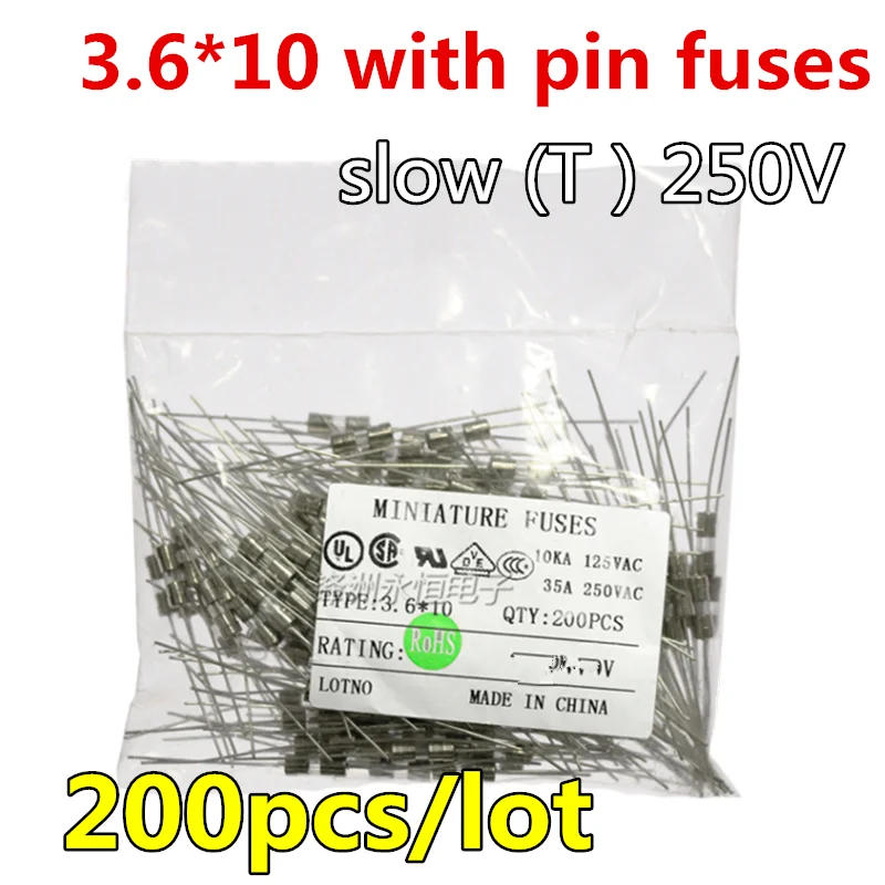 200pcs/lot 3.6*10 T Glass fuse Slow blow 250V T0.5A 1A 1.6A 2A 2.5A 3A 3.15A 4A 5A 6A 6.3A 8A 10A 15A 3.6x10mm