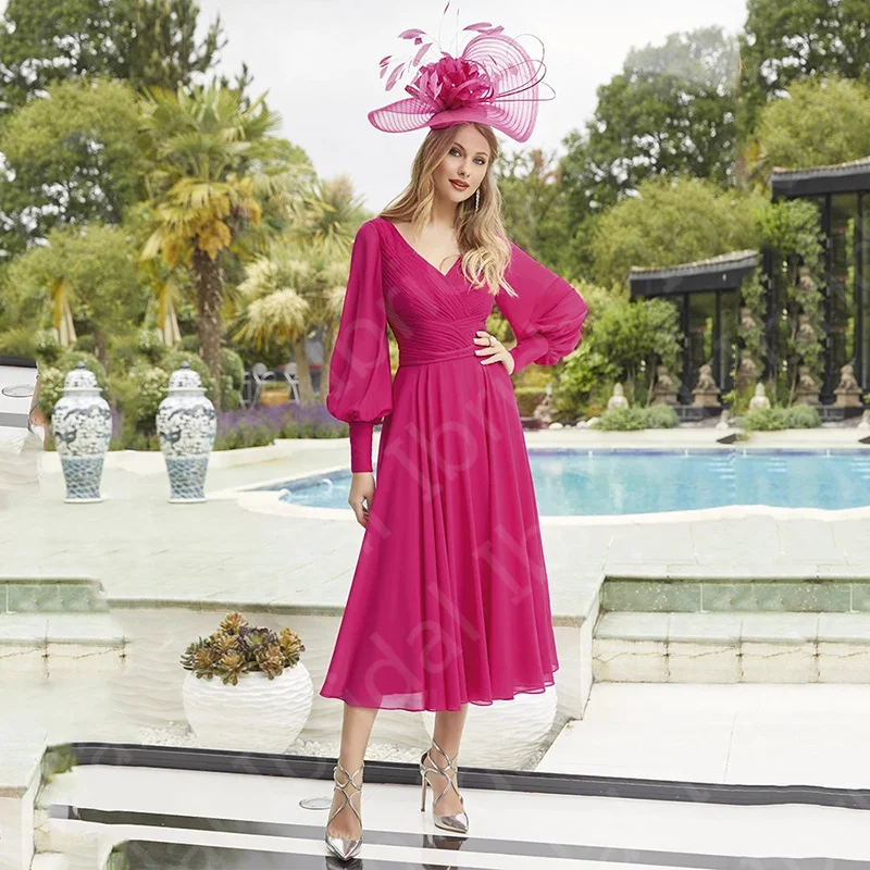 Charmant Op Verkoop Chiffon Moeder Van De Bruid Jurken Thee Lengte Fuchsia Wedding Party Jurken Lange Mouwen Moeder Jurk V hals