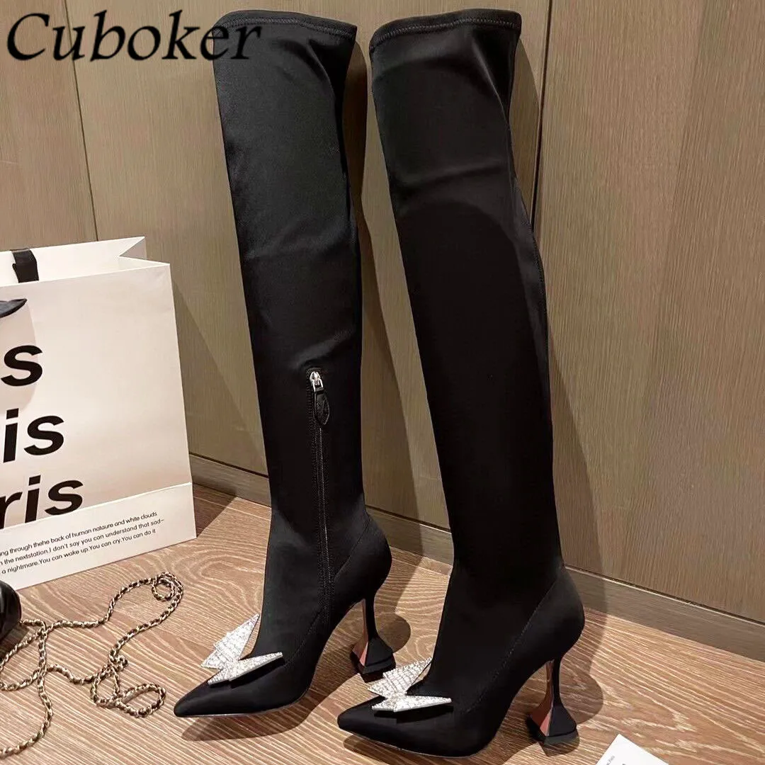 

Cup Heel Women Long Boots Pointed Toe Bow-knot Rhinestone Decor Brand Designer Female Runway Long Boots For Women Botas 2021