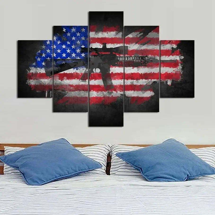 

Unframed 5 Panel American Flag Cool Gun Bullets Modular Cuadros Canvas Posters Wall Art Pictures HD Paintings Home Room Decor