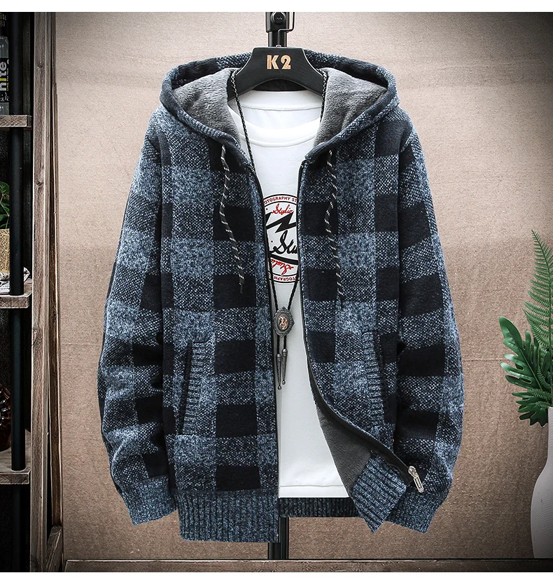 Männer Neue Winter Plaid Pullover Mit Kapuze Strickjacke Kalten Mantel Wolle Zipper Jacke Herbst Fleece Warme Kleidung Karierten Stricken Jumper – Detail 7