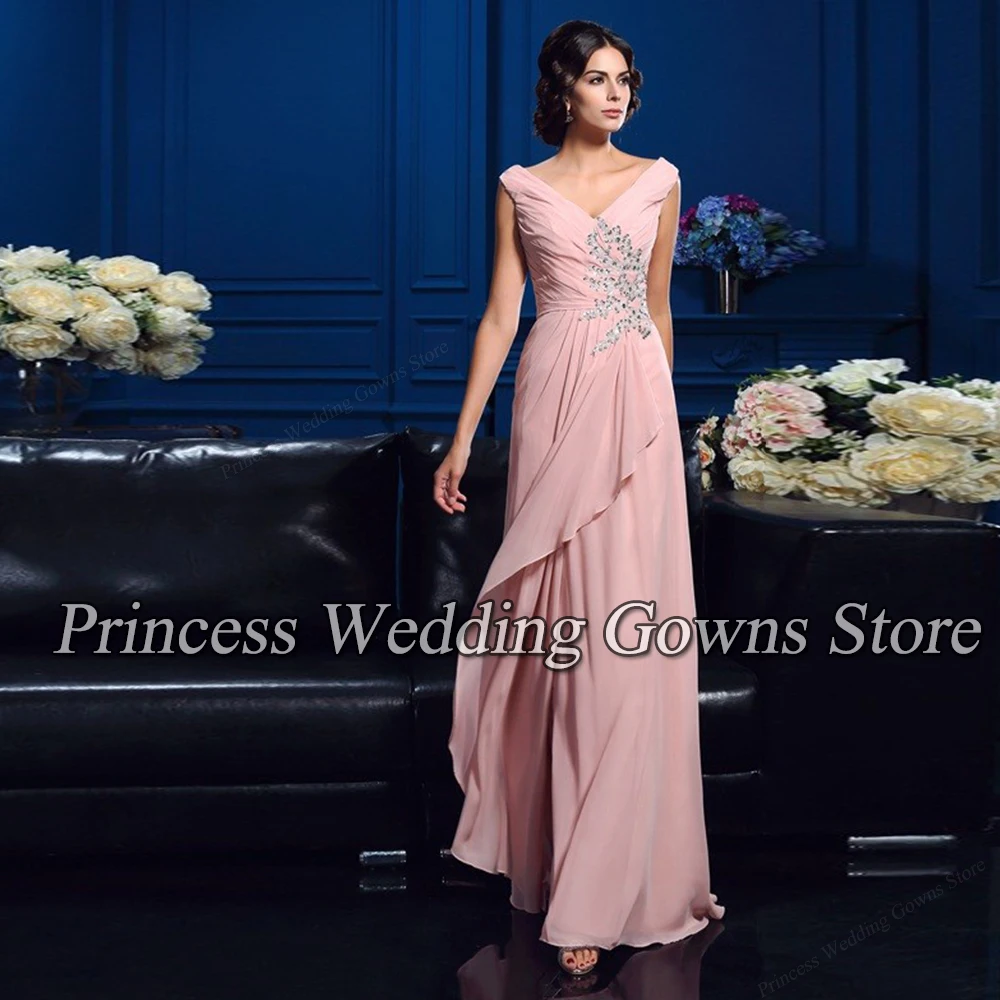 Simples rosa longo mãe da noiva vestido chiffon para casamento vestido de festa formal mulher robe com babados pavimento comprimento