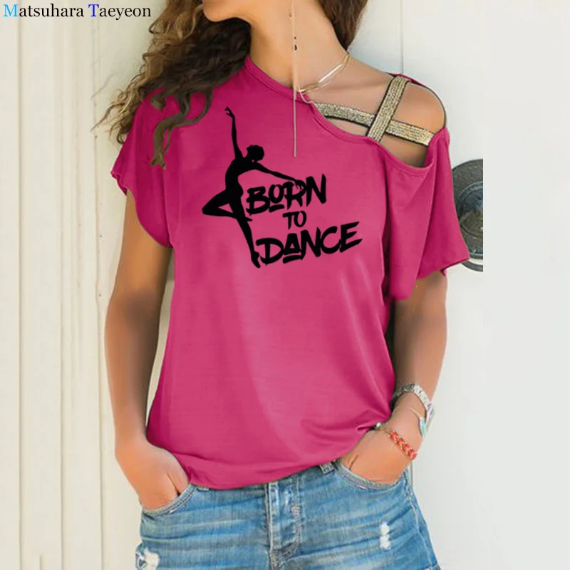 Modny nadruk damski T-shirt, który narodził się do tańca balet letni Harajuku graficzny T-shirt nieregularne skośne krzyżowe wiązanie Tee — zdjęcie 5