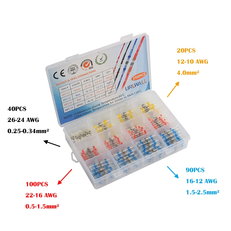 

250Pcs 26-10 AWG Waterproof Wire Connectors Set Solder Seal Heat Shrink Butt Connectors Insulated Electrical Wire Terminals