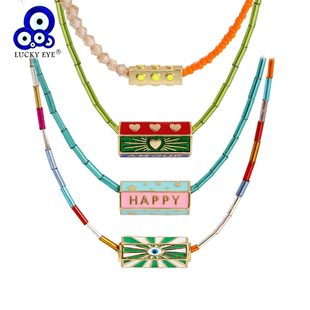 Lucky Eye Enamel Cylinder Heart Letter Pendant Necklace Colorful Bead Long Chain Evil Eye Necklace for Women Girls Jewelry BE438