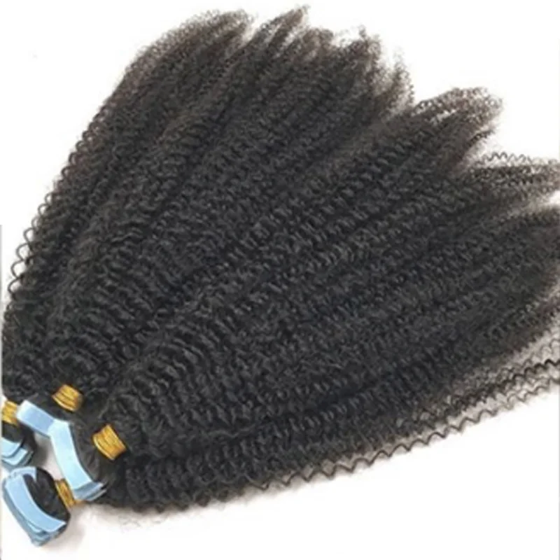 4B 4C Kinky Curly Tape In Human Hair Extensions Skin Weft Adhesive Invisible Mongolian Afro Curly Hair Black Color 40pcs/100g