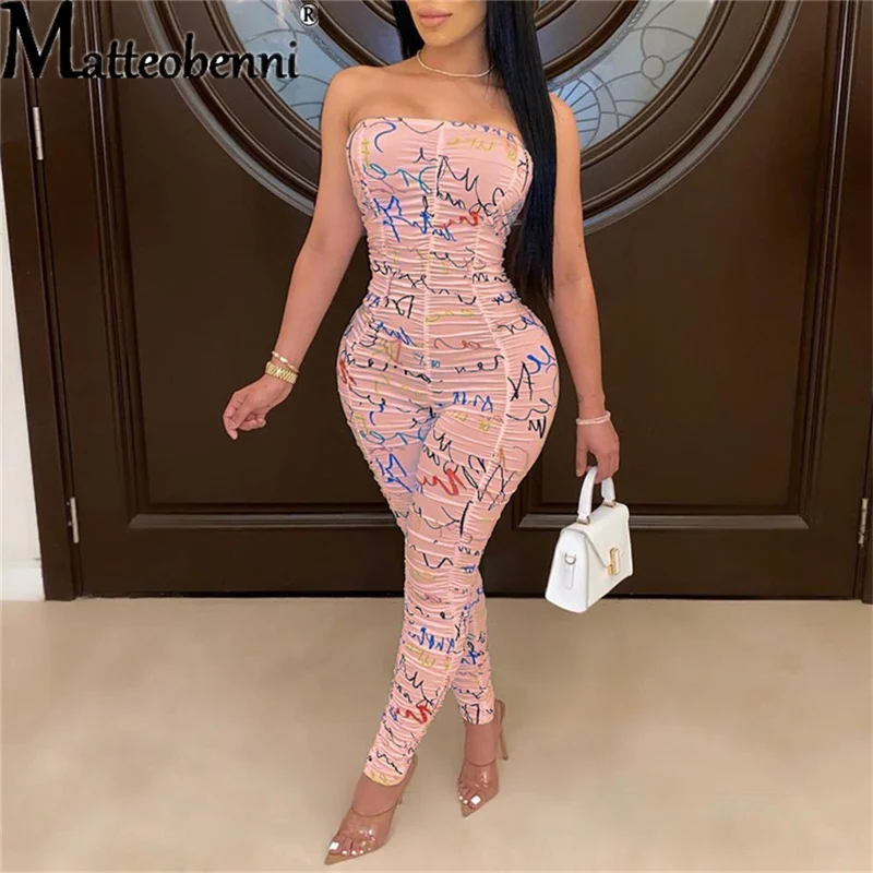 2021 Summer Women Fashion Printing Folds Strapless Tube Top Sleeveless Slim Drape Street Rompers Sexy Night Club Party Jumpsuit