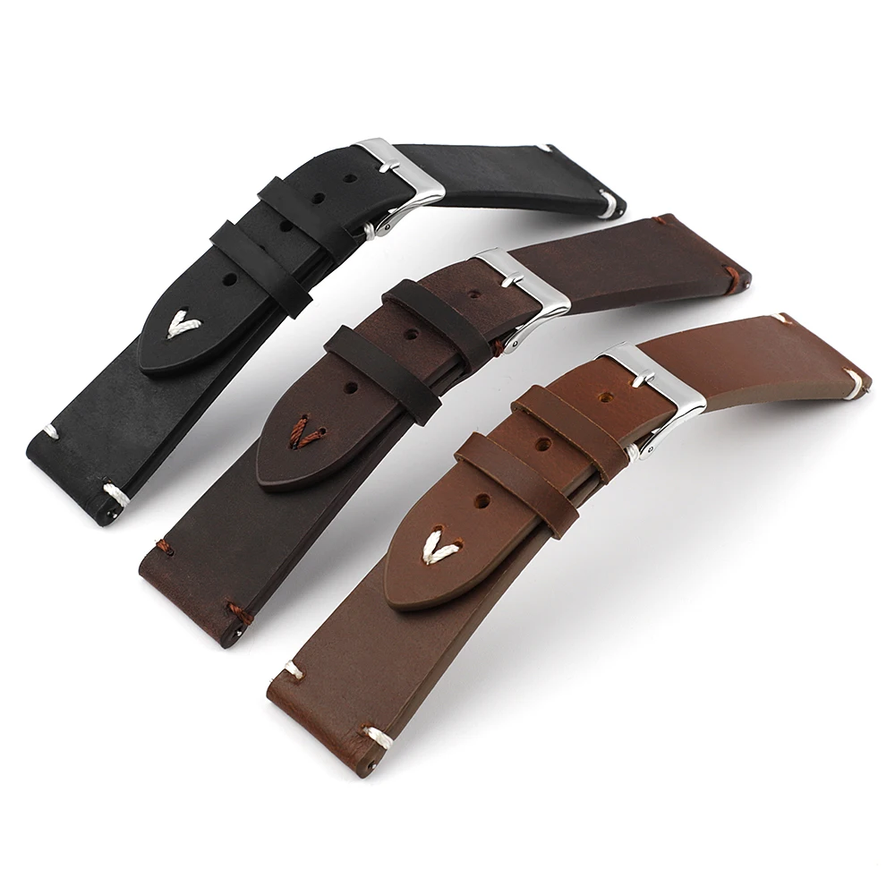 Retro Genuine Leather Watchband 18mm 20mm 22mm Black Coffee Brown Handmade Stitching Watch Strap Replacement Men Wristband