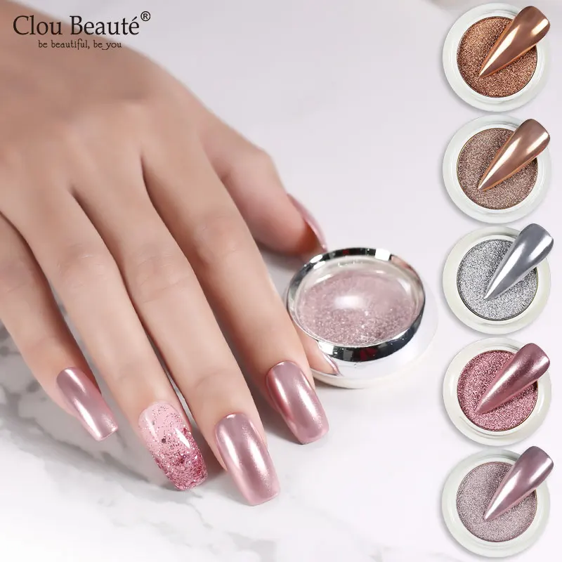 Clou beauté pó espelho mágico maciço arte em unhas, pó metálico lantejoulas série prata ouro rosado