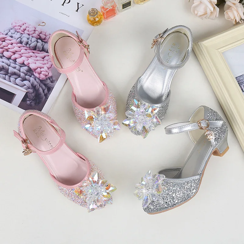 New Princess Kids Leather Shoes Crystal Flower Casual Glitter Children High Heel Girls Banquet Party Shoe Student Buckle Sandals