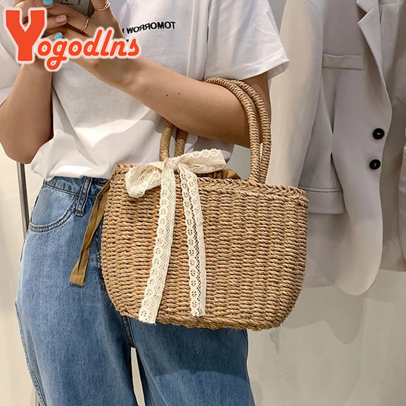 Yogodlns Hot Summer Lace Straw Bag Women Fashion Rattan Handle Bag Handmade Weave Handbag Vacation Lady Beach Bag Casual Pouch