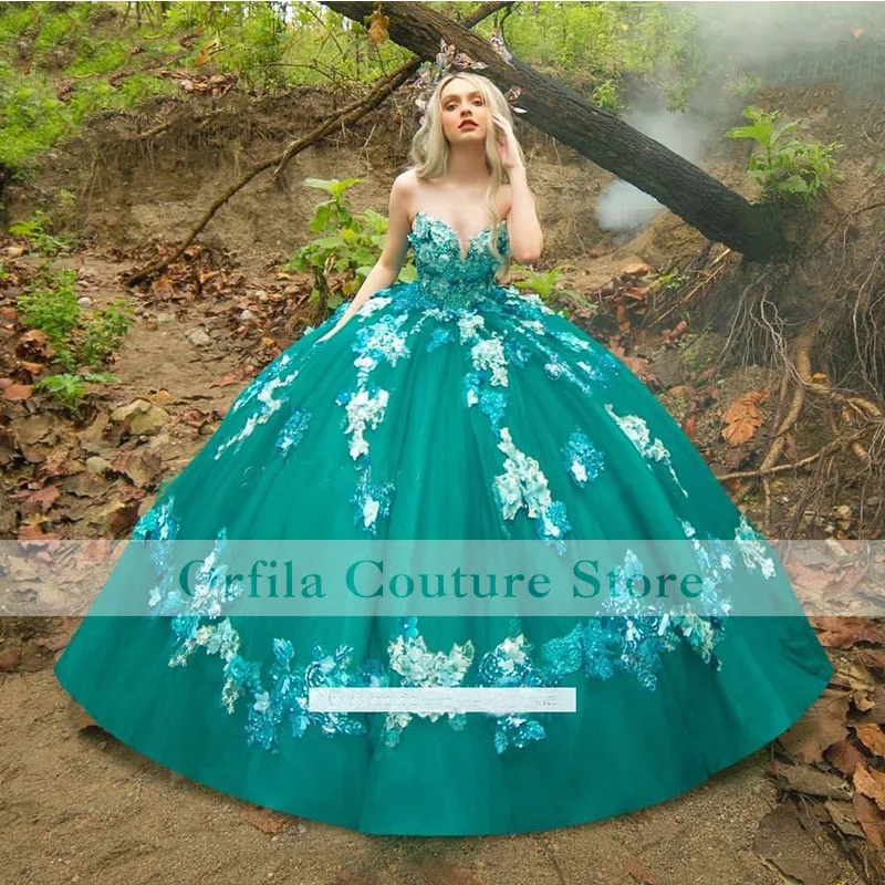 Luxury Green Quinceanera Dresses Appliques Lace Sweetheart Beads Sweet 16 Prom Party Gowns vestidos de 15 años