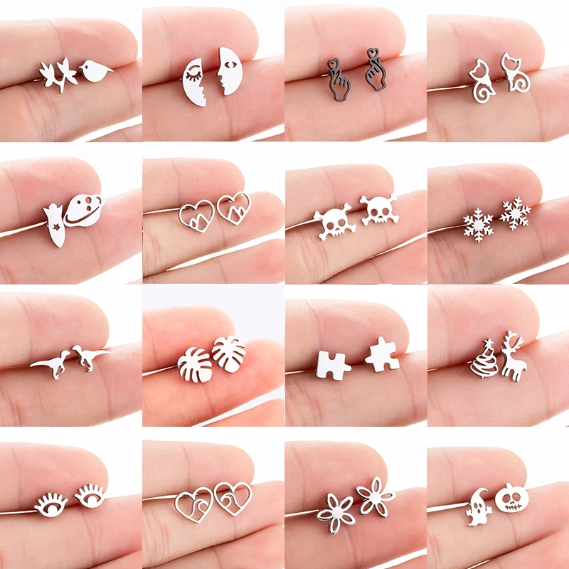 Hfarich Stainless Steel Earrings for Women Gold Eye Moon Puzzle Dinosaur Snowflake Flower Skull Cat Bird Earings Mini Studs Gift