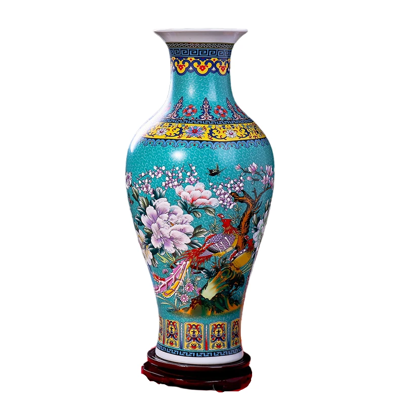 Vaso cinese grande vaso di fiori alto 46cm in ceramica con fenice e motivo floreale per la decorazione domestica, 1 vaso con 1 supporto abbinato