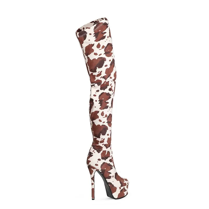 2020 New Arrival Latest Design Cow Print Platform Women Winter Thigh High Sexy Long Boots Customized Big Size 45