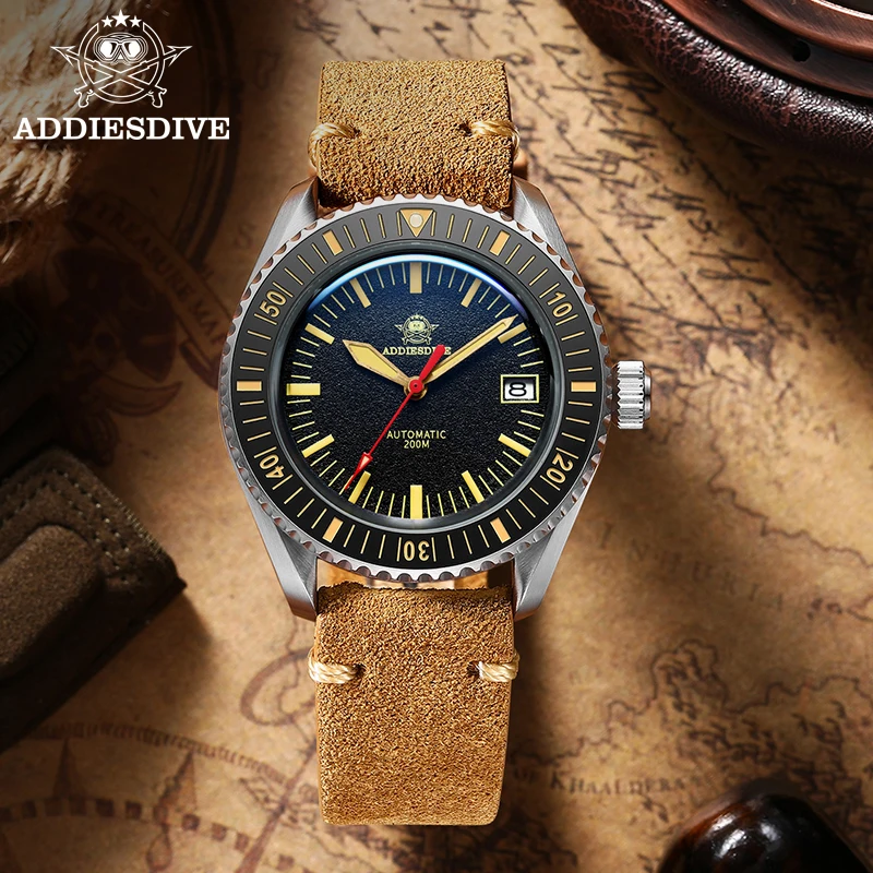 ADDIESDIVE Men Retro Watch 200m waterproof Brown Leather Strap C3 Super Luminous NH35 Movement Automatic Mechanical Watch